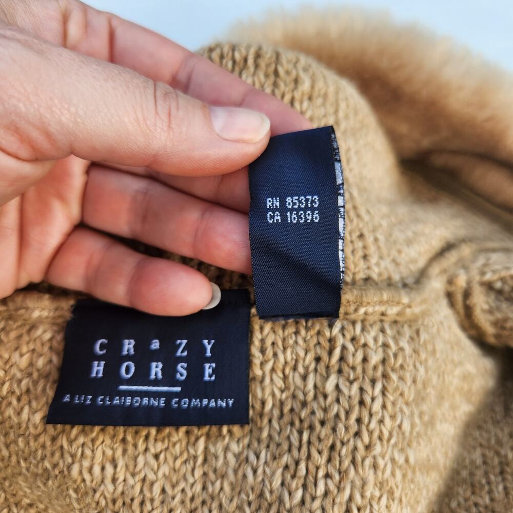 Small Oversized Tan Knit Coat Jacket Faux Fur Hood Zip Heavy Y2K Cozy - Picture 10 of 12